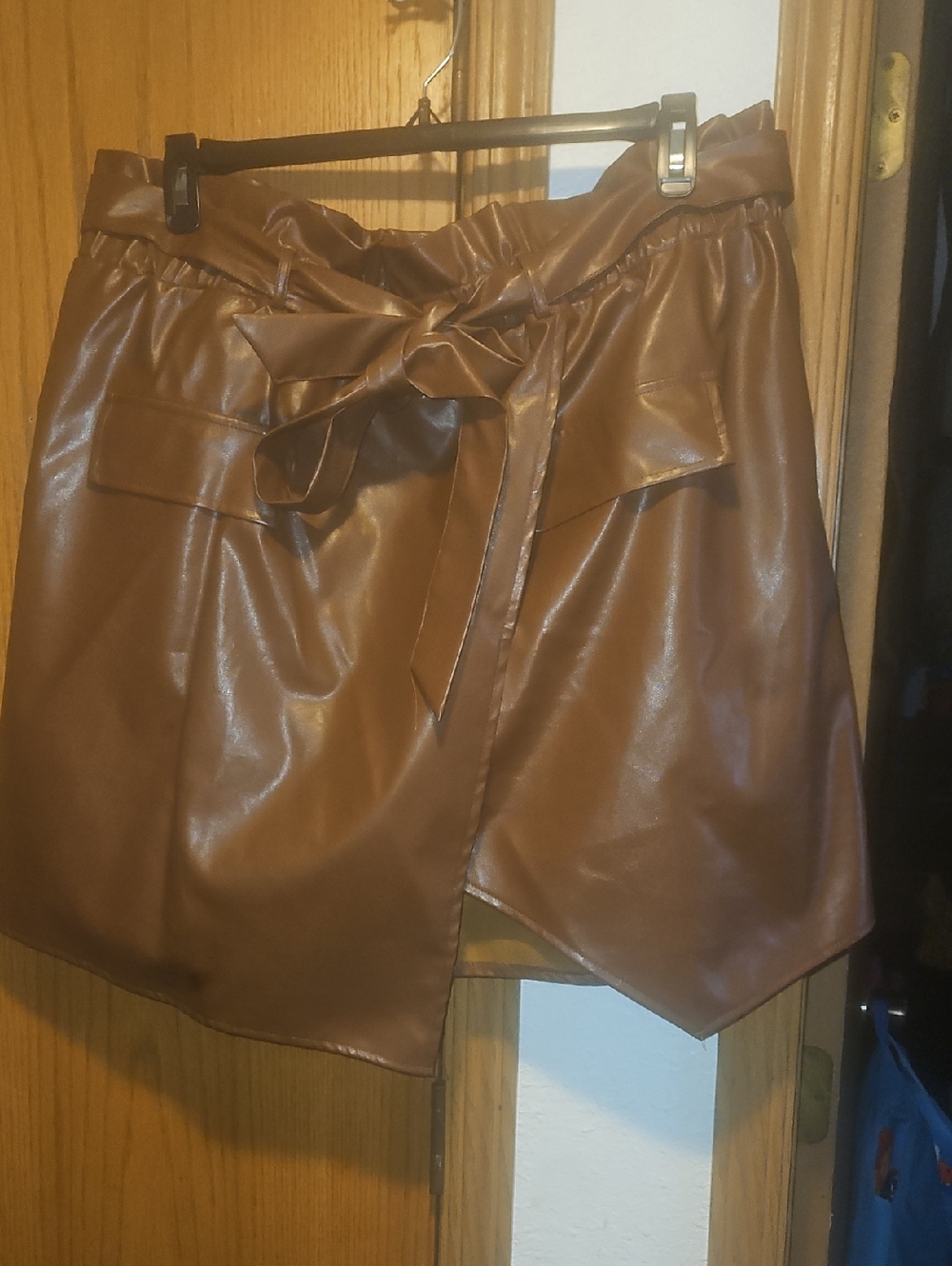 SHEIN Chestnut Faux Leather Wrap Mini Skirt with Tie